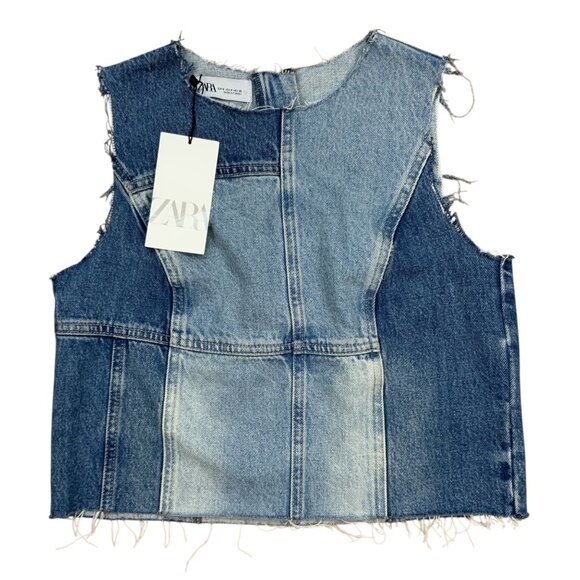 Zara Patchwork Denim Tank Top S Blue Distressed Cropped Sleeveless Bohemian - Picture 1 of 14